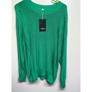 Asklazy Green Knit Crew Neck Sweater With Eyelet Details Women's XL